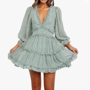 Deep V Neck Ruffle Long Sleeve Floral Print Dress